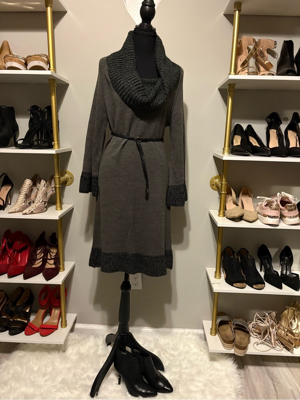 London Times Dark Gray Knit Cowl-Neck Belted Dress